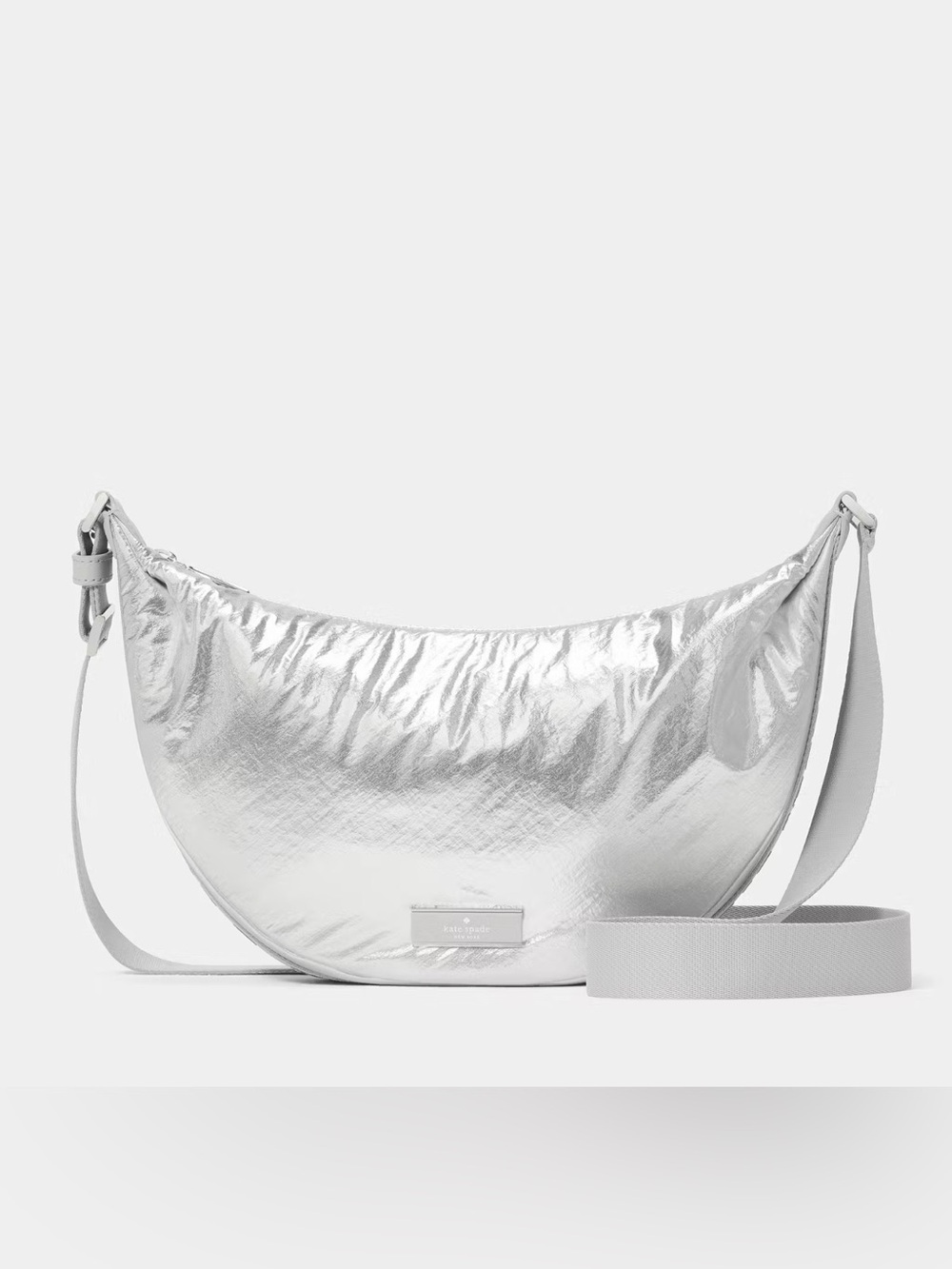 New KATE SPADE Carter Metallic Fabric Sling Crossbody Crescent Bag - Silver